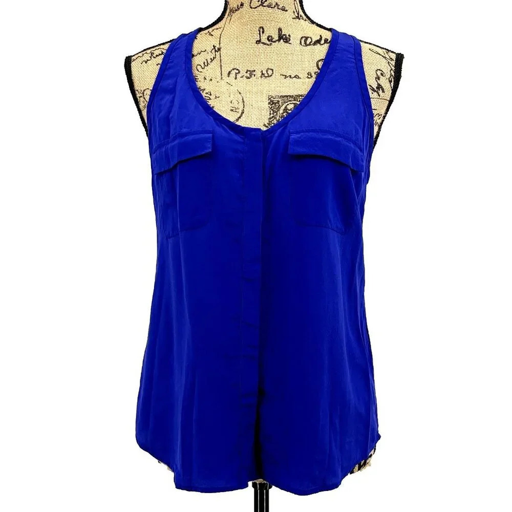 Joie Women Racerback Tank Top Electric Blue Silk Pockets Button Up Blouse